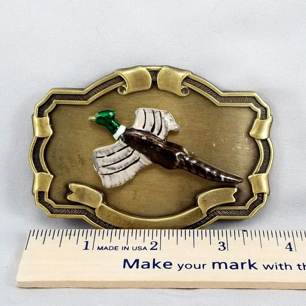 Vintage Belt‎ Buckle Flying Duck Pheasant Bird Western Style Gold Color Embossed